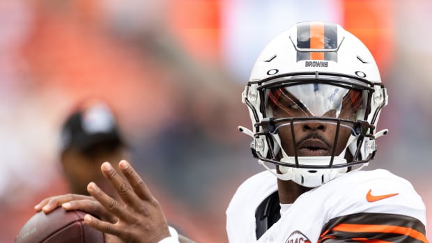 Oct 15, 2023; Cleveland, Ohio, USA; Cleveland Browns quarterback PJ Walker (10) throws the ball during warm ups before the game against the San Francisco 49ers at Cleveland Browns Stadium. 